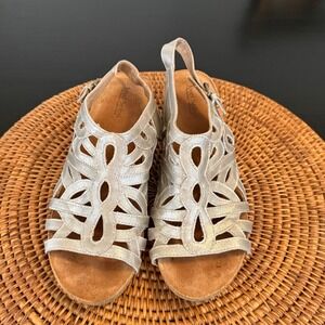 Josef Seibel Rosalie Silver Metallic Leather Laser Cut Block Heel Sandals